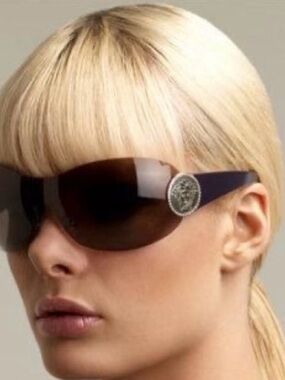 Versace Women's Wrap Sunglasses in Black Frames with Brown Gradient Lenses